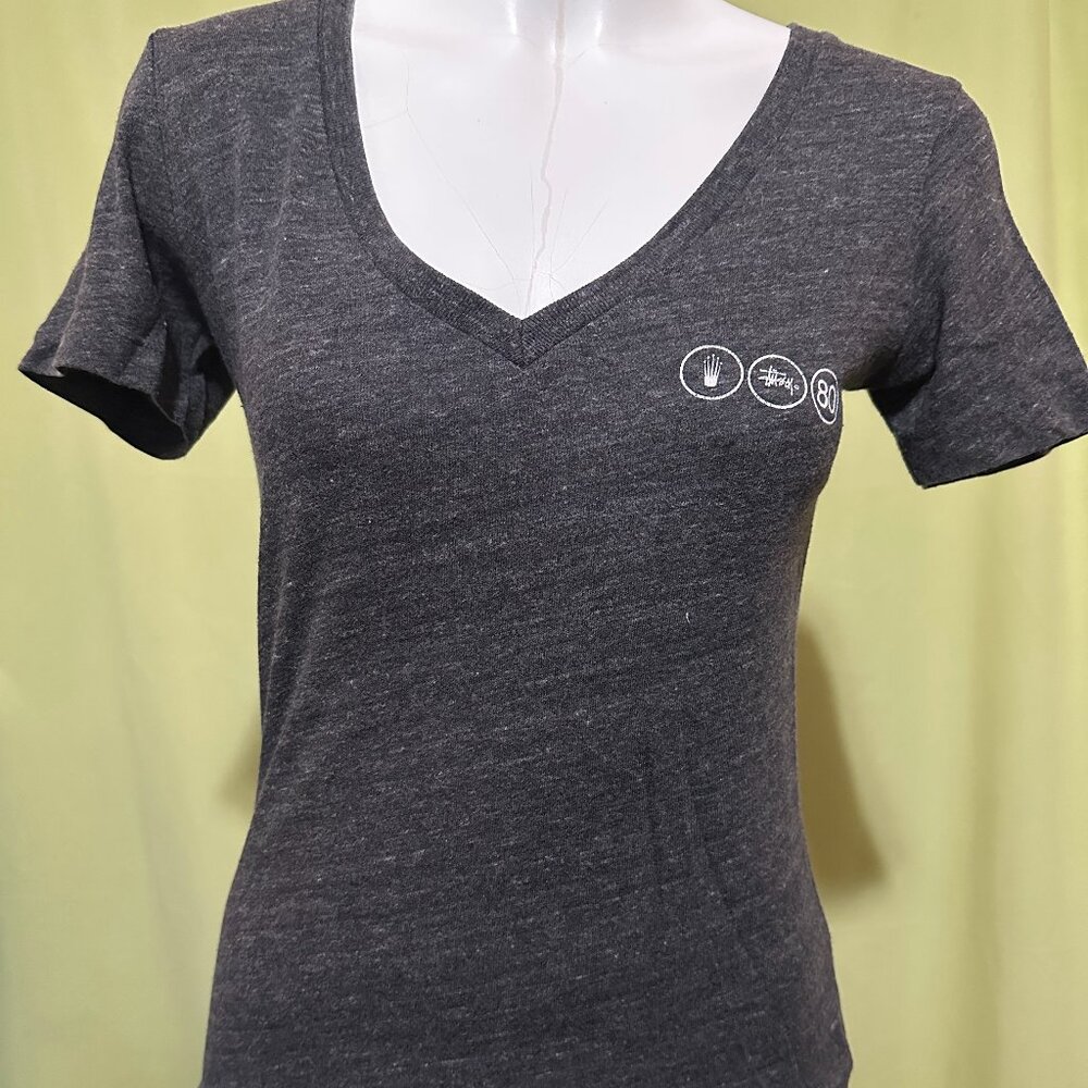 Vintage Stussy NY L T La Increase the Peace Women's Gray V Neck Shirt Small